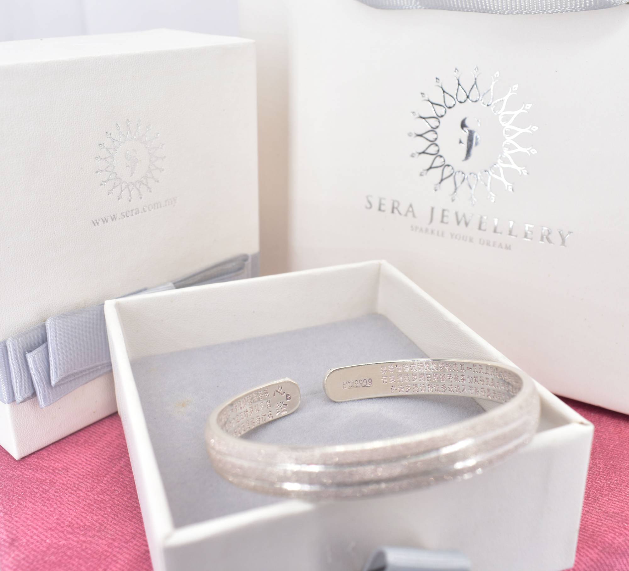 Pure 999 Silver Women Bangle Scripture Chinese Religious Jewelry