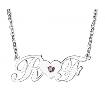 Sterling Silver Double Initials Lovers Necklace with Birthstone
